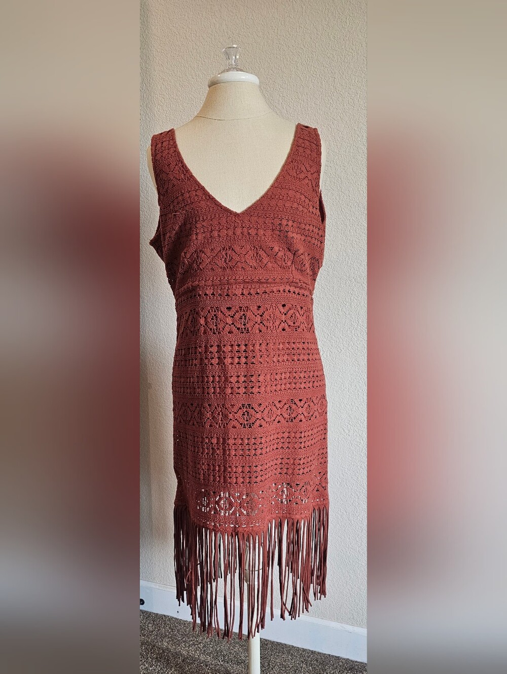 SHYANNE Western 100% Cotton Crochet Fringe Sleeveless Midi Dress Large Rust - Picture 3 of 13